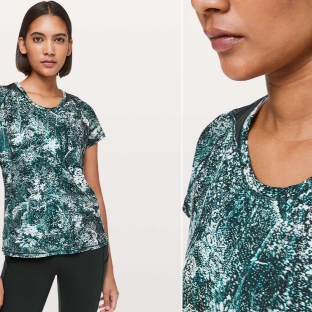 Lululemon Seek The Heat Short Sleeve top
Wildwood White Multi/Nocturnal Teal